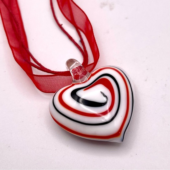 Vintage Patriotic Red White Blue Murano Glass Heart Pendant Necklace - Picture 10 of 16